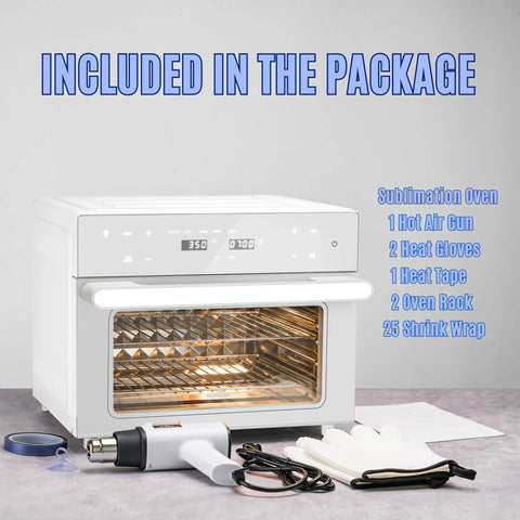 32Qt Side Hustle Essential Convection Sublimation Oven Running Custom Drinkware Crafts Smooth With 1800W Quick Heat Plus Hot Air Gun Wraps Gloves Transfer Tape with included accessories like heat gloves and tape.
