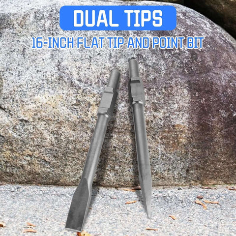 Front view of two 1-1/8 in hex jack hammer chisels (flat and point tips) in gray steel