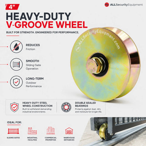Heavy Duty 2 Pack 4 Inch V Groove Gate Wheels With Double Sealed Bearings for smooth sliding on galvanized rails.