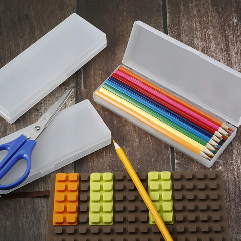 4 Piece Plastic Pencil Case Set With Hinged Lid And Snap Closure For Pencils Pens Drill Bits And Office Supplies White All In One Go To Storage Organizer for school home and office with colored pencils inside.
