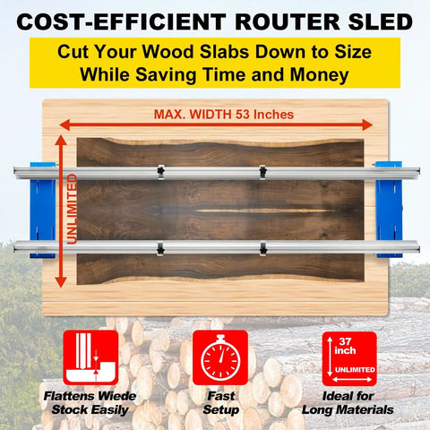 Portable Adjustable Router Sled for Wood Slabs Up to 53 Inches Wide and 2.4 Inches Thick with aluminum rails setup
