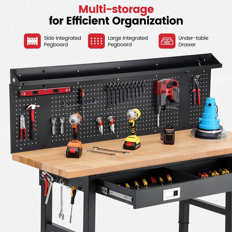 60 Inch Heavy Duty Workbench With Wheels And Adjustable Height, Real Deal Heavy Beast With Solid Rubberwood Top, Rolling Garage Shop Station Featuring Storage Drawers And Pegboard Rail with tools and drawer.