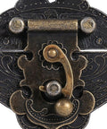 Close-up of 2 Piece Vintage Buckle Latch Zinc Alloy Jewelry Box Latch Hasp With Antique Bronze Finish, ornate design.