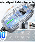 16 Amp Level 1 And Level 2 EV Charger With 110-240V Input, highlighted safety features in transparent casing, SAE J1772 Ready