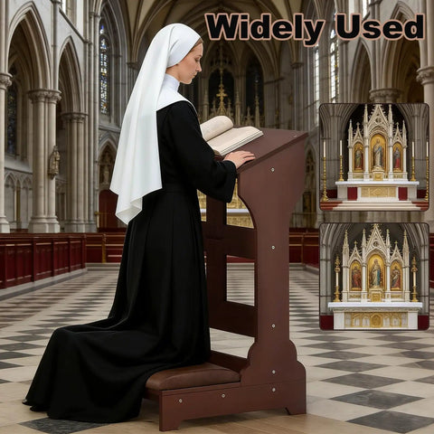 Foldable Wooden Prayer Kneeler with Padded Cushion in church setting, Portable Brown Kneeling Bench, Slanted Tabletop for Less Strain