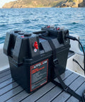 Hardcore 12V Smart Battery Box With Pd Quick Charge Port Anderson Plug Digital Voltmeter Circuit Breaker For Rv Van Suv Overland Grind And Camp Setup on a boat deck with water in background.