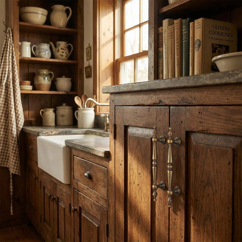 Rustic kitchen with 12 Pack Antique Brass Cabinet Pulls And Handles For Drawers, Closets, Dresser And More, 110 mm Hole Center