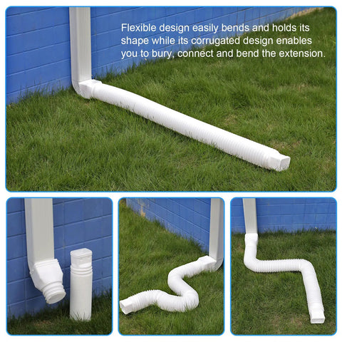 White Downspout Extender 21 To 68 Inch Flexible Rain Gutter Extension in use with corrugated design against blue wall
