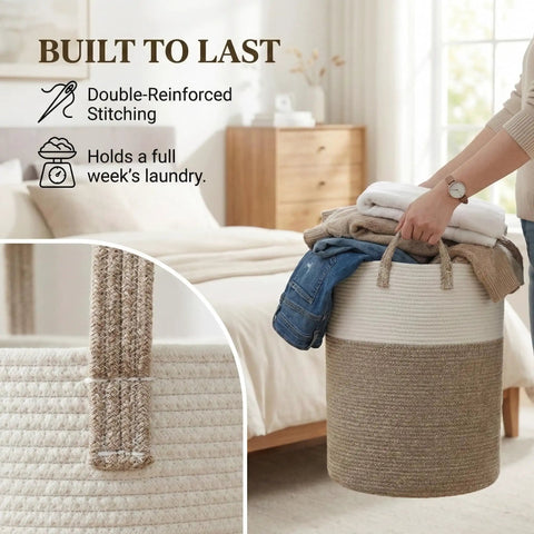 Person carrying Extra Large 60L Woven Cotton Rope Laundry Hamper Basket For Towels Clothes Toys And Blankets Decorative Tall Nursery Organizer For Living Room Baby Nursery Bedroom And Bathroom Brown.