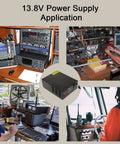Applications of Beefy 13.8V 30A DC Power Supply With Cigarette Plug Socket For Ham CB Radios, inside home and boat setups.