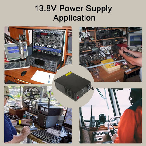 Applications of Beefy 13.8V 30A DC Power Supply With Cigarette Plug Socket For Ham CB Radios, inside home and boat setups.