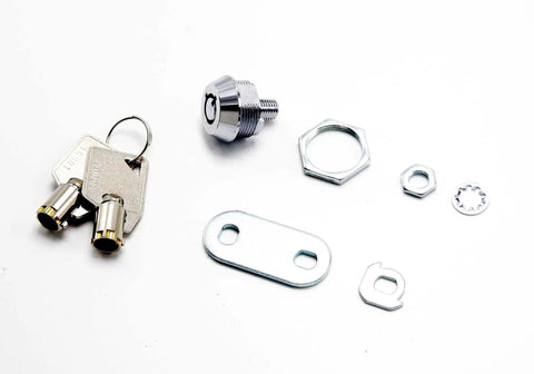 Top Shelf Chrome Tubular Cam Lock For Cabinet Doors And Secure Drawers Featuring A Snug 3/8 Inch Cylinder And Two Matching Keys components including keyed locks and installation hardware.