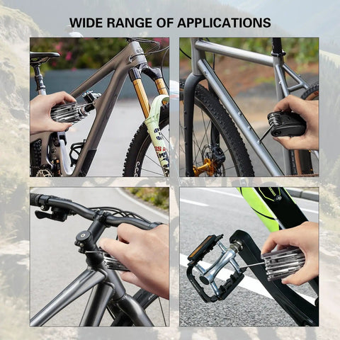 Using 16 In 1 Bike Multitool Kit For On The Go Repairs on various parts of a bicycle outdoors.
