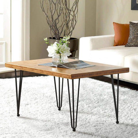 Hairpin Metal Table Legs 20 Inch Set of 4 With Black Screws And Adjustable Cushion Floor Protectors For DIY Furniture Coffee Table Bench Dining End Table Industrial Mid Century Modern Style supporting a wooden table top in living room.