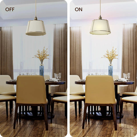 Cozy Linen Shade Pendant Light With Cream White Shade In Gold Cage, showing light on and off over dining table setup