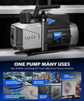 Two Stage HVAC Vacuum Pump For AC Service, 1.5 HP rotary vane pro grade heavy duty pump, displayed on metal shelving