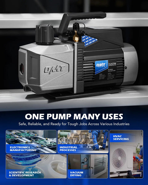 Two Stage HVAC Vacuum Pump For AC Service, 1.5 HP rotary vane pro grade heavy duty pump, displayed on metal shelving