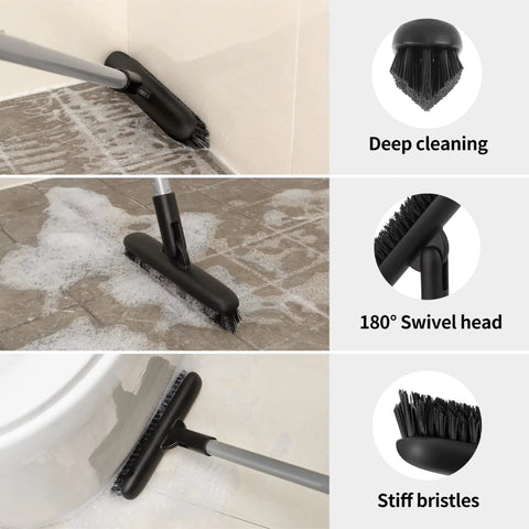 Heavy Duty Grout Scrub Brush With Long Handle For Bathroom Tiles And Shower Floors shown cleaning tile grout