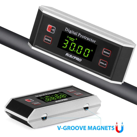 3 In 1 Digital Inclinometer Protractor And Level With Magnetic V Groove Backlit Display 0 To 360 Degrees Angles Tool shown on pipe