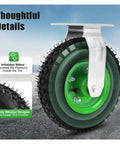 Heavy Duty 8 Inch Pneumatic Wheel Tires Offering Smooth As Butter Rolling Swivel And Rigid Casters For Garden Cart Furniture Movers No Sweat Moving Non Marking Rubber Wheels With Superior Floor Protection close-up view of inflatable tire and steel bracket.