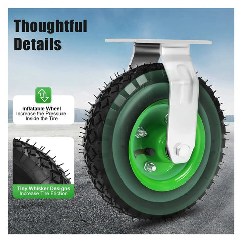 Heavy Duty 8 Inch Pneumatic Wheel Tires Offering Smooth As Butter Rolling Swivel And Rigid Casters For Garden Cart Furniture Movers No Sweat Moving Non Marking Rubber Wheels With Superior Floor Protection close-up view of inflatable tire and steel bracket.