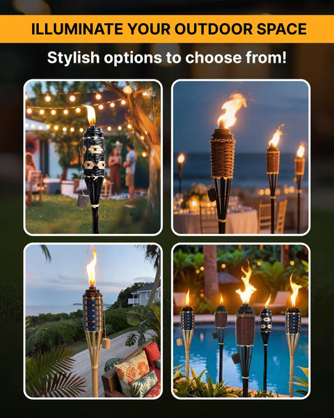 Bamboo Outdoor Torches For Backyard Vibes With 16 Ounce Fuel Canisters Extra Large 57 Inch Tall Metal Containers Fiberglass Wicks For Long Burn Burnt Sienna Weave Style Perfect For Parties And Patio Lighting