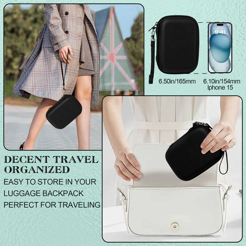 Heavy Duty Workhorse Hard Shell Label Printer Case With Three Rolls Of Adhesive Paper Tape Secure Travel Storage Pouch shown in hand for easy carrying.