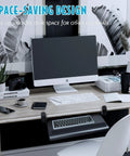 Home office with black Big Ergonomic C Clamp Keyboard Tray With Slide Out Platform Under Desk And No Tool Setup Pull Out Keyboard Tray