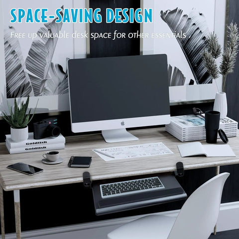 Home office with black Big Ergonomic C Clamp Keyboard Tray With Slide Out Platform Under Desk And No Tool Setup Pull Out Keyboard Tray