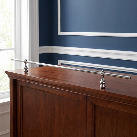 Mini Gallery Rail Set With 5mm Silver Finish Guard Rails And Glass Shelf Spindles for wine cabinets installed on wood furniture