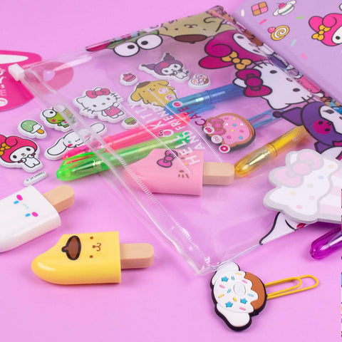 Hello Kitty And Friends 22-Piece Stationery Set with kawaii notebooks, gel pens, and PVC case with Cinnamoroll theme displayed on pink background