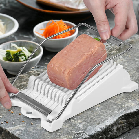 Person using Three Piece Clear Musubi Maker Kit With Luncheon Meat Slicer Non Stick Onigiri Press Mold BPA Free Sushi Mold