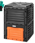 Front view of Heavy Duty Outdoor Compost Bin 80 Gallon Capacity 300L Barrel For Fast Fermentation with gloves included.