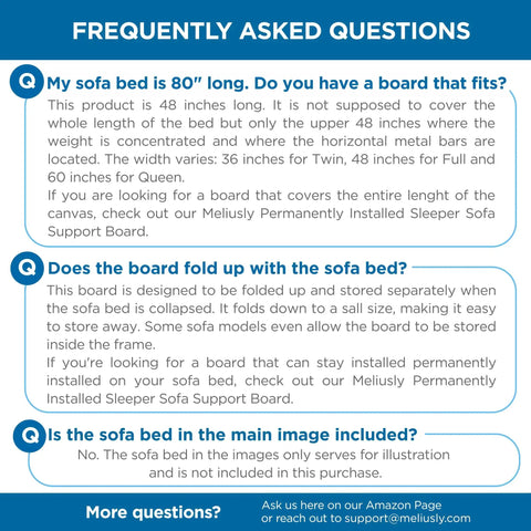 FAQ section image detailing Heavy Duty Reinforced Plywood Support Board For Queen Sleeper Sofa uses and dimensions.