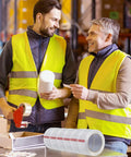Two workers with heavy duty clear packing tape for moving and shipping, 2 inch wide, 2.7 mil, discussing in warehouse.