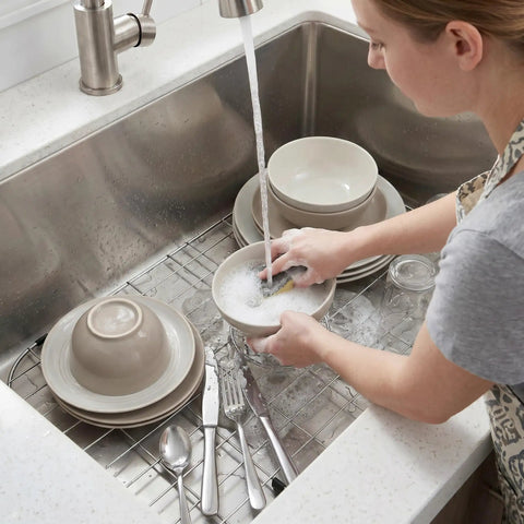 26 Inch Kitchen Sink Bottom Grid And Protector For Handmade Single Bowl Sink With Center Drain Hole in use with dishes