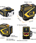 Floor Laser Level Self Leveling With 3x360 Green Beam Cross Lines, detailed with dimensions and features for tiling and carpentry.