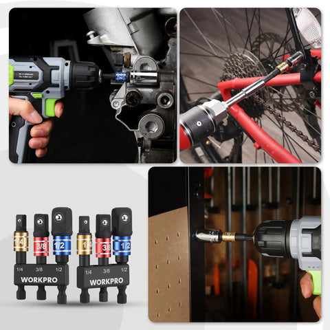 Impact Grade Socket Adapter Set for Quick Change Systems Converts From Hex Shank To One Quarter Inch Three Eighths Inch And One Half Inch Square Drives With Extension Bit Holder For Drills And High Torque Wrenches For Pros And DIYers displayed in different usage scenarios