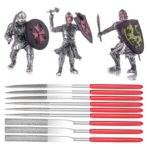 Miniatures Needle Files Set For Modeling, 9 Pcs Round Flat Triangular Diamond Coated Files with metal knight figures
