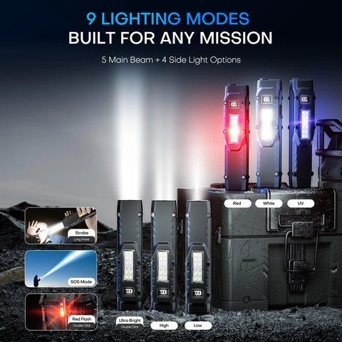 Handy 1500 Lumen Tactical LED Flashlight Rechargeable Flat Pocket Light with 8 modes displayed, red, white, UV lights shining.