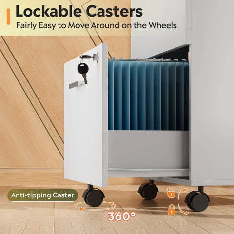 Kick Your Desk Setup Up A Notch With This Slick White Two Drawer File Cabinet Featuring Top Tier Locks And Smooth Casters That Double As A Mobile Printer Stand For A Straight Fire Home Office Vibe No Matter What, showing lockable casters and drawer.