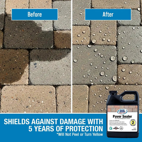 Pro Grade Paver And Concrete Sealant Mixes Up Two Full Gallons With Hella Tough Aqua Blockers showing before and after water resistance on pavers.