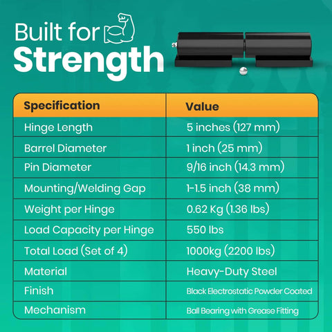 Specification chart for heavy duty weld on hinges, showing dimensions, load capacity, and materials for metal gates and trailers.