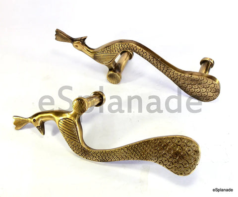 Peacock Shaped Brass Door Handle Pair 2-Piece Set, Dope Designer Embossed Carved Pulls for Interior Doors, 10 Inch Length