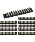 Top Shelf 12 Circuit Screw Terminal Junction Block With Barrier Strips Rated 300 Volts 20 Amps Handling 22 To 12 Gauge Wire For No Sweat Wiring Jobs 10 Pack Brass Contacts in a flat layout.