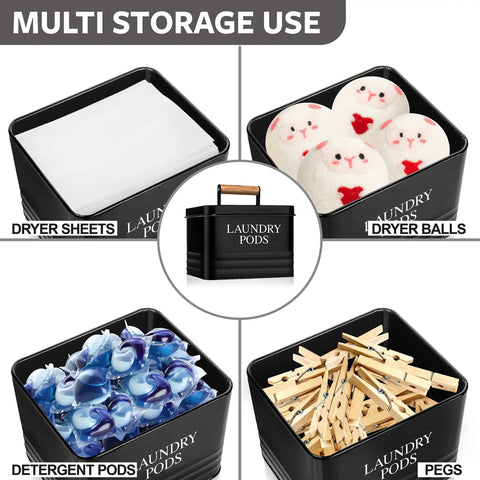Modern Farmhouse Metal Laundry Pods Holder With Lid, black compartments for pods, dryer sheets, balls, pegs, durable storage