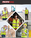 Group of workers wearing Heavy Duty Class 2 High Visibility Reflective Safety Vest With Ten Pockets And Zipper Closure Lightweight Breathable Polyester Workwear.