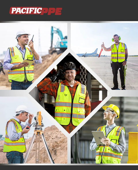 Group of workers wearing Heavy Duty Class 2 High Visibility Reflective Safety Vest With Ten Pockets And Zipper Closure Lightweight Breathable Polyester Workwear.