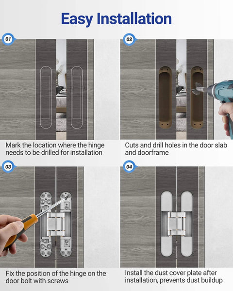 Installation steps for Hidden Door Hinges Set 6 By 2.5 By 1 Inch Concealed Zinc Alloy Hinges with 180 Degree Swing