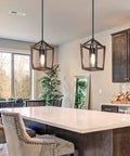 Farmhouse Pendant Light For Kitchen Island One Light Rustic Wood Cage Fixture With Brown Finish Adjustable Height
